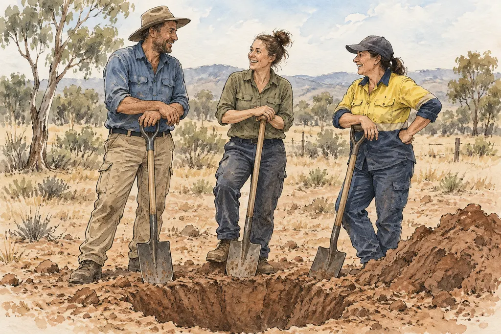 Ink and watercolour illustration of three people talking beside a dig