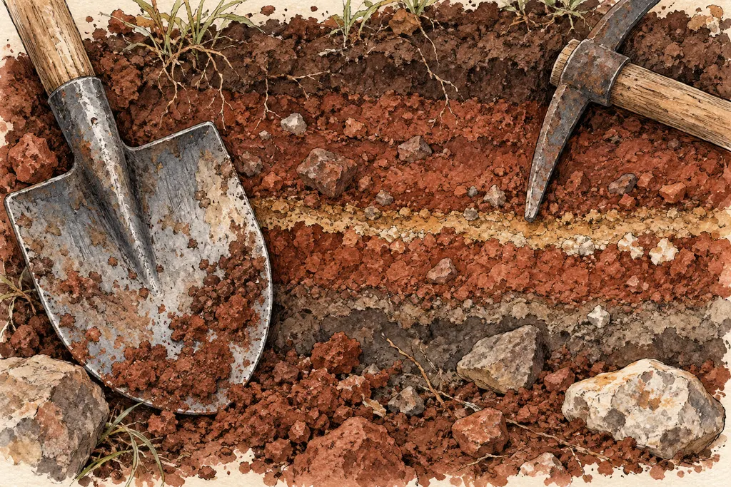 Ink and watercolour illustration of a spade and pick in red soil