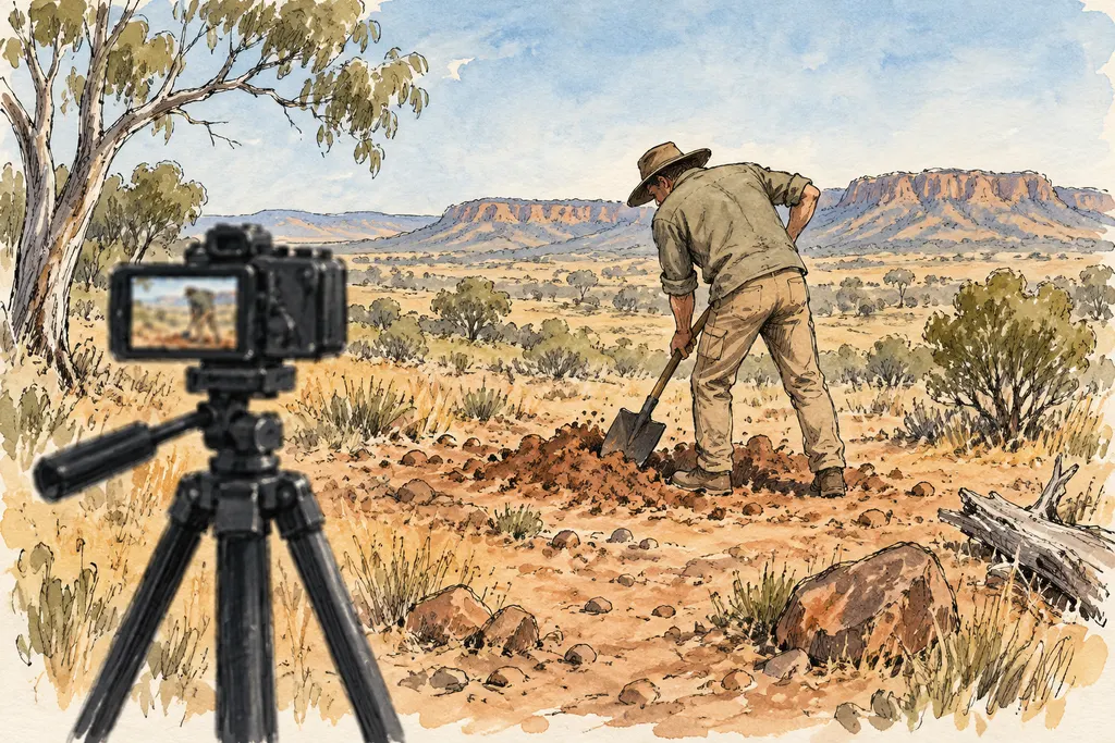 Ink and watercolour illustration of filming a person digging