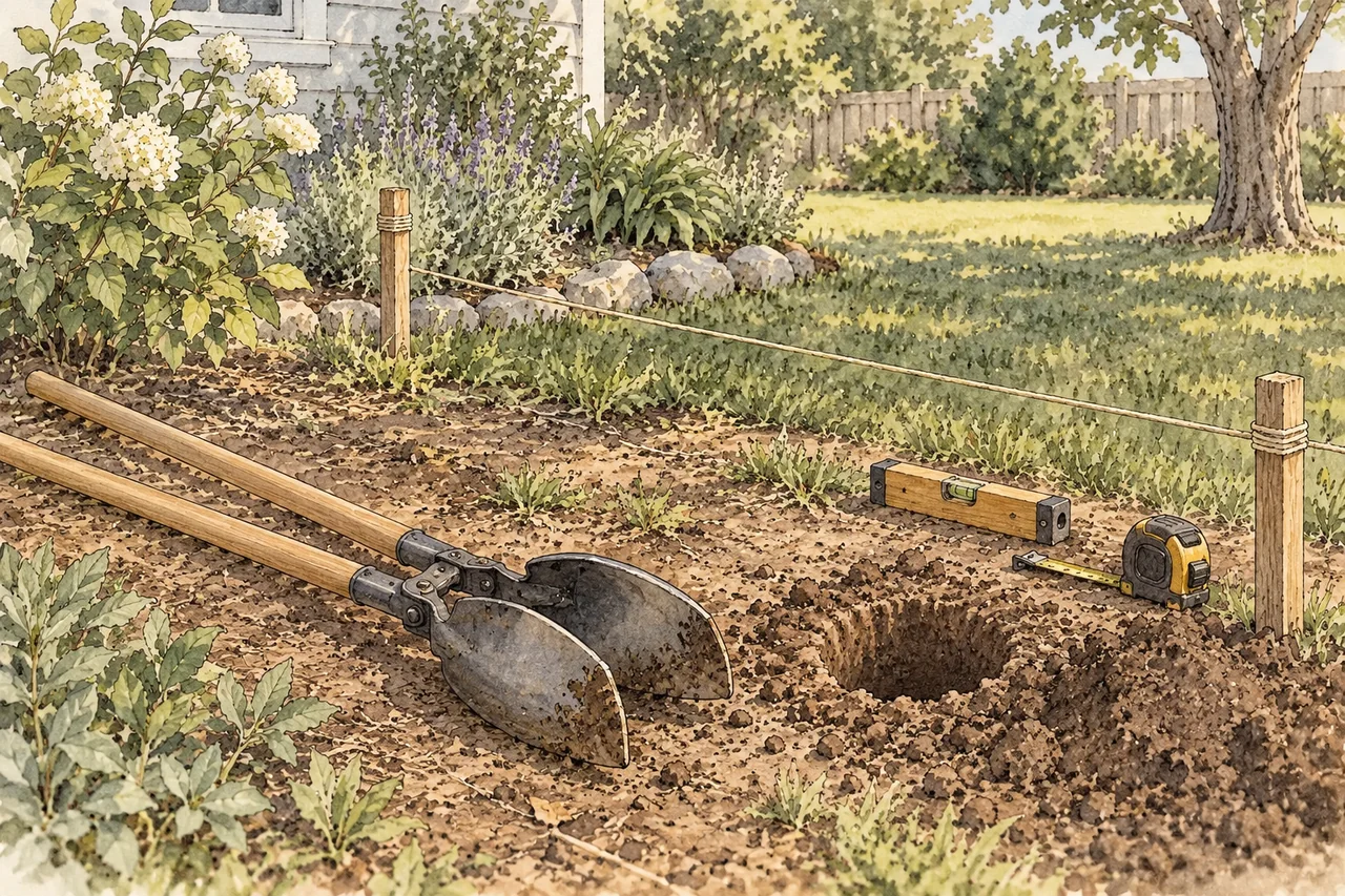 Watercolor and thin ink illustration of a manual post-hole digger beside a small hole, string line and measuring tools