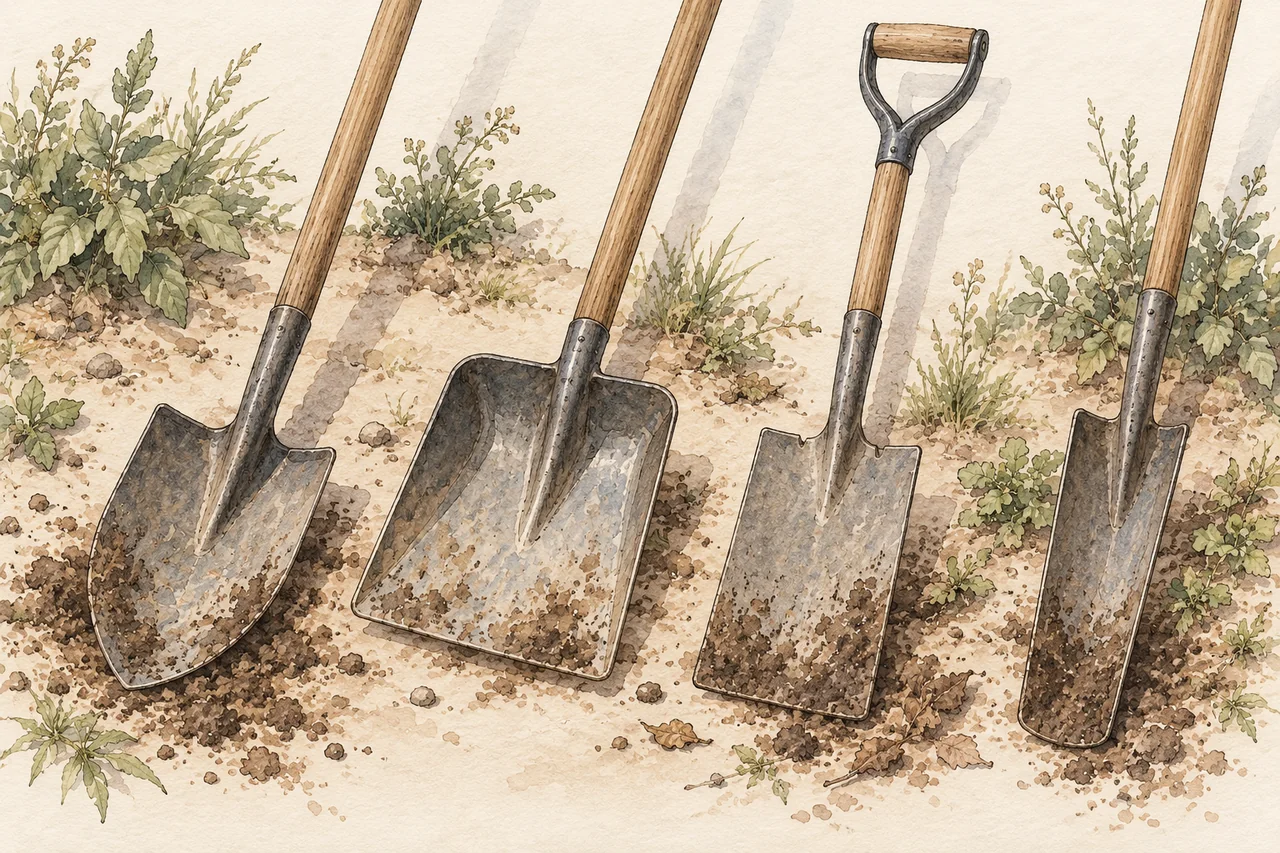 Watercolor and thin ink illustration of four distinct digging tools laid out on pale ground