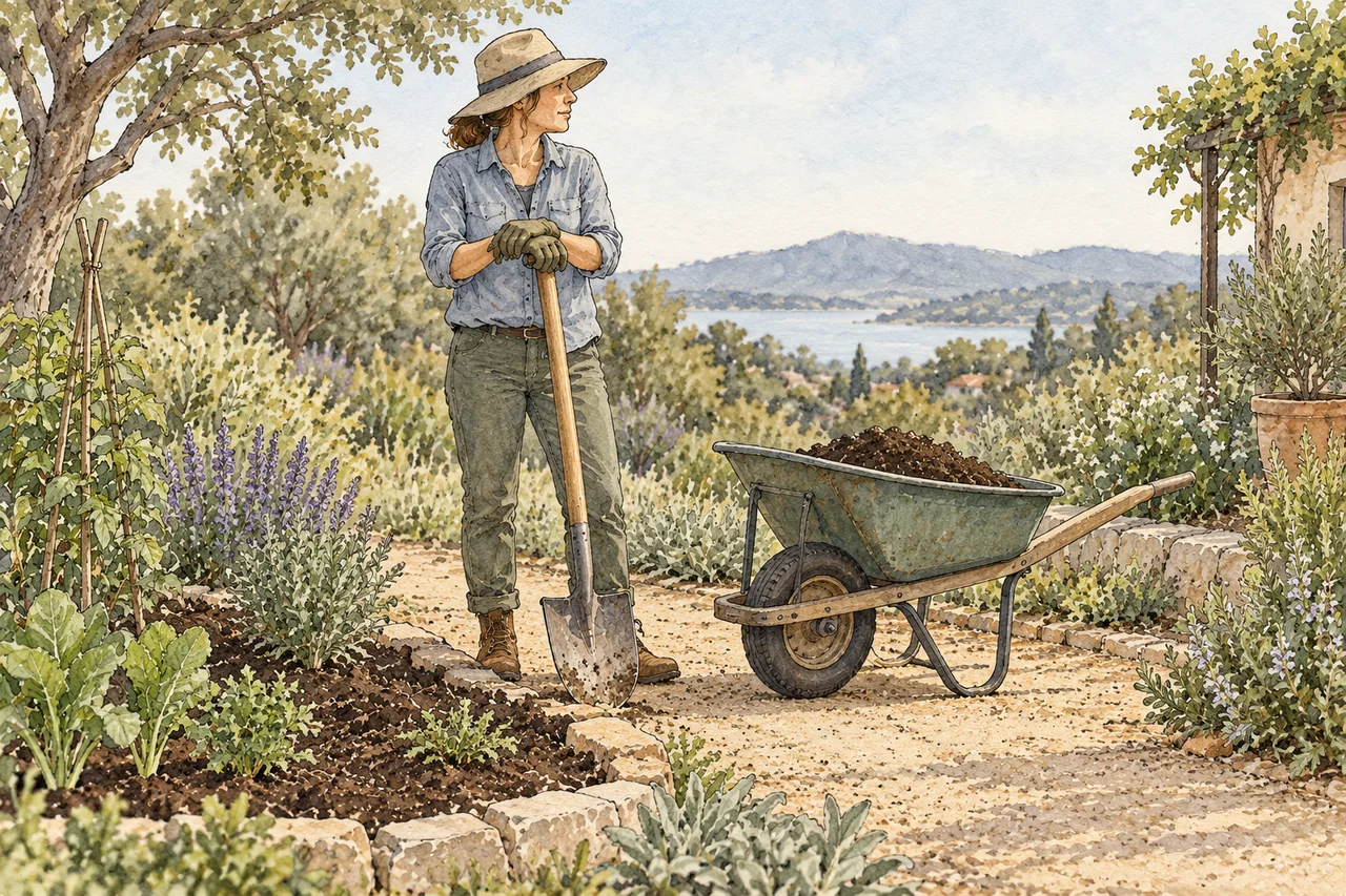 Watercolor and thin ink illustration of a gardener resting beside a small bed and lightly loaded wheelbarrow