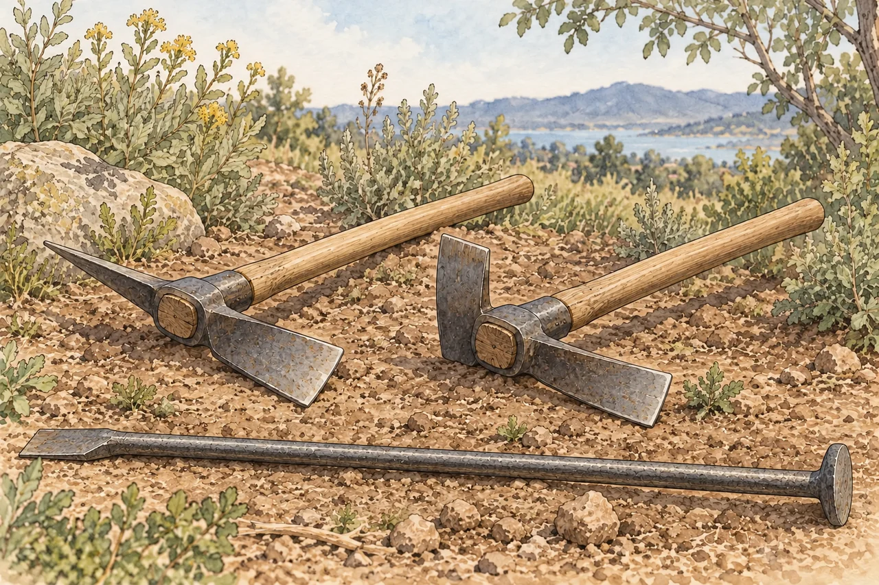 Watercolor and thin ink illustration of a pick mattock, cutter mattock and straight digging-and-tamping bar