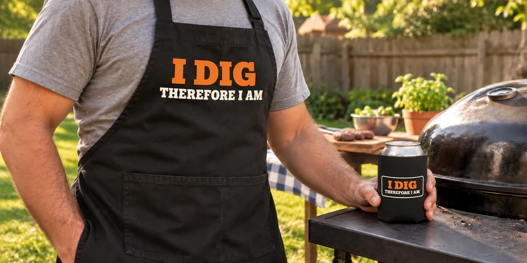 I Dig Therefore I Am apron and can cooler beside a barbecue