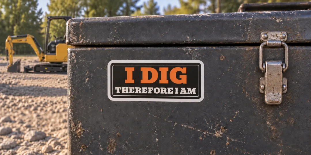 I Dig Therefore I Am sticker on a workshop toolbox beside an excavator