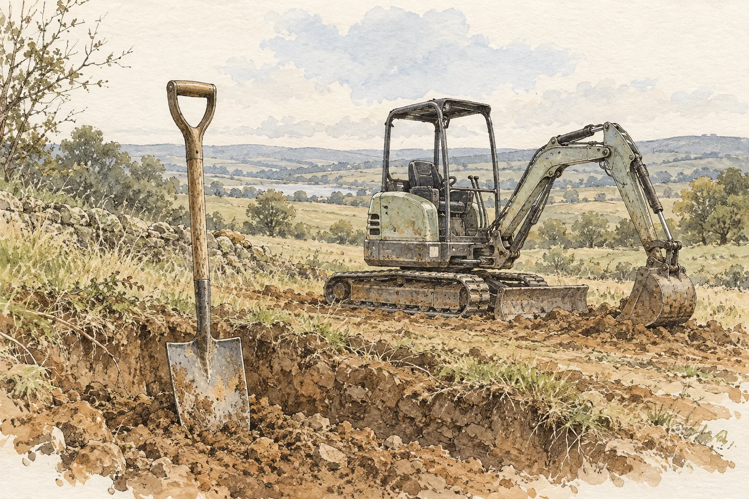 Ink and watercolour illustration of a spade and an unbranded compact excavator