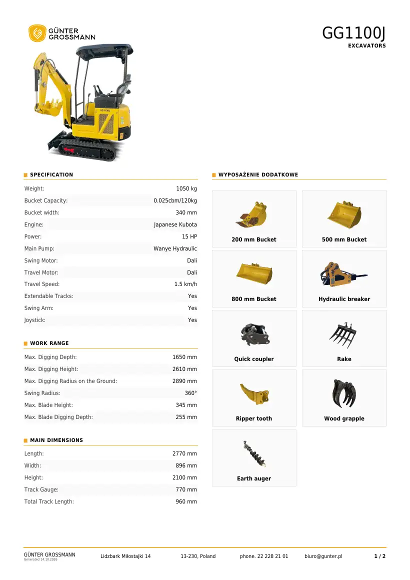 Günter Grossmann GG1100J specification PDF (generated), page 1
