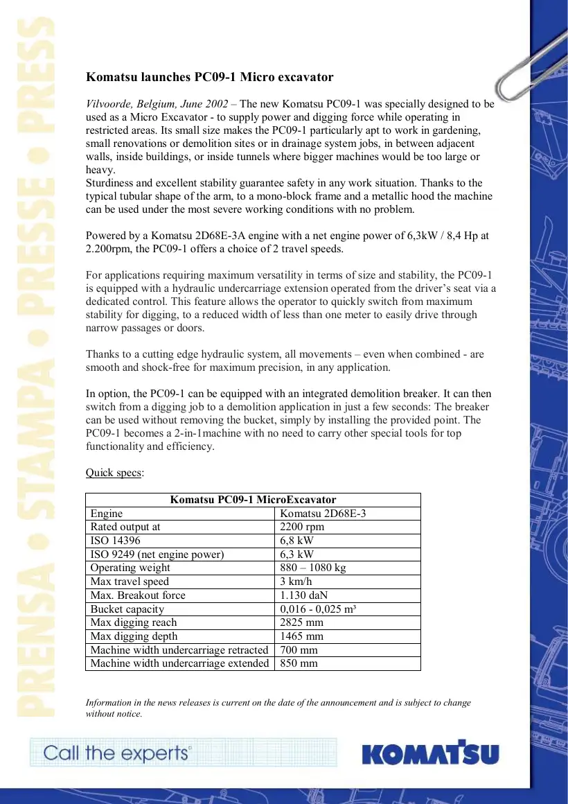 Komatsu Europe PC09-1 press release, page 1