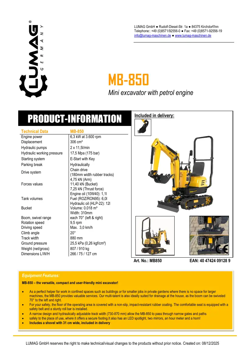 Lumag Product data sheet MB850 (English), page 1