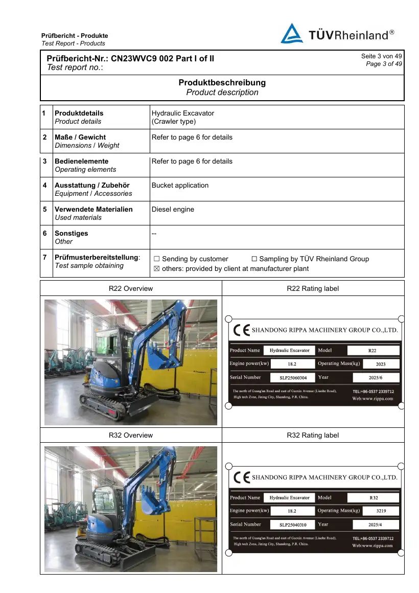 Rippa R330 TÜV tested rating label, serial SLP25040608, page 3