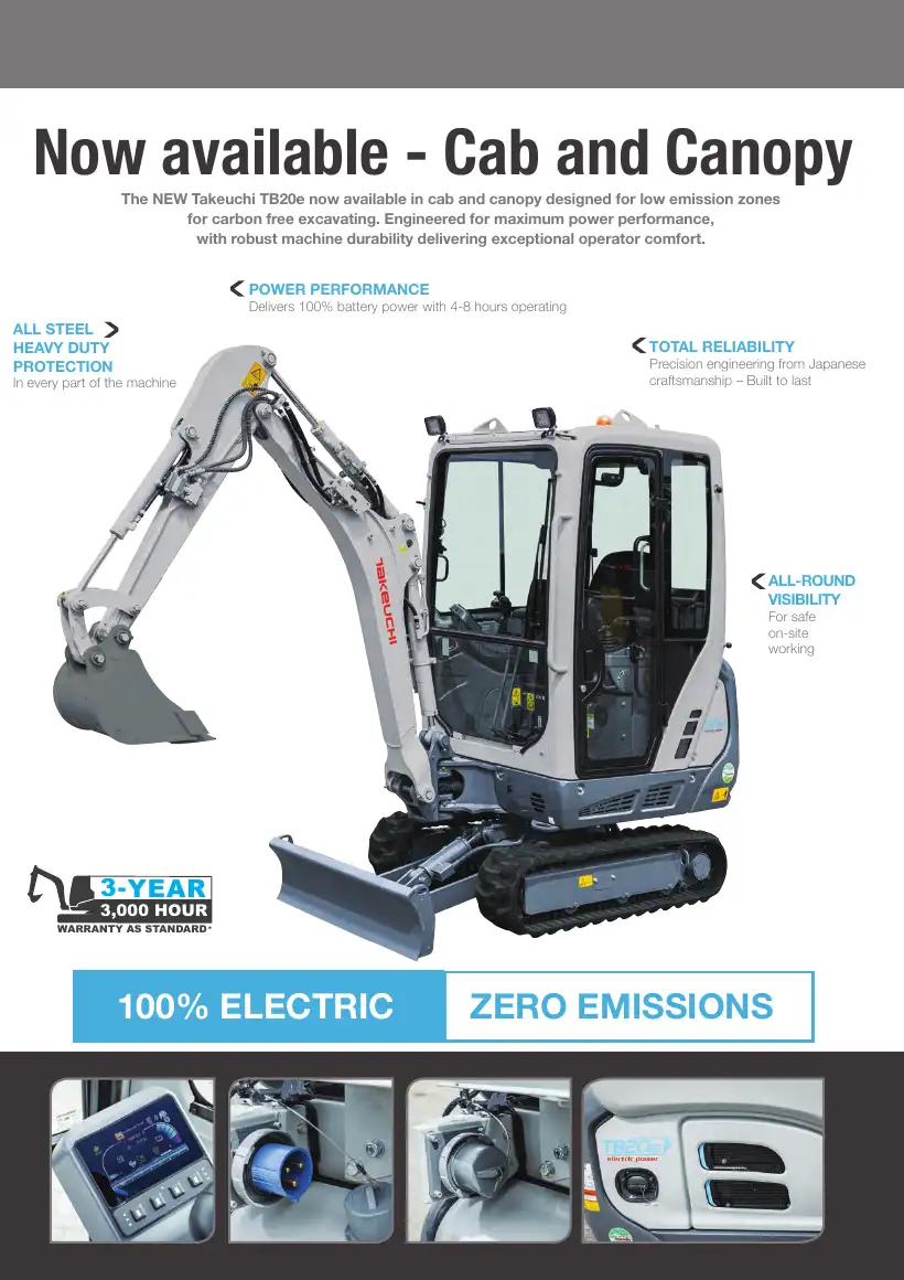 Takeuchi TB220e cab/canopy brochure Sept 2025, page 3
