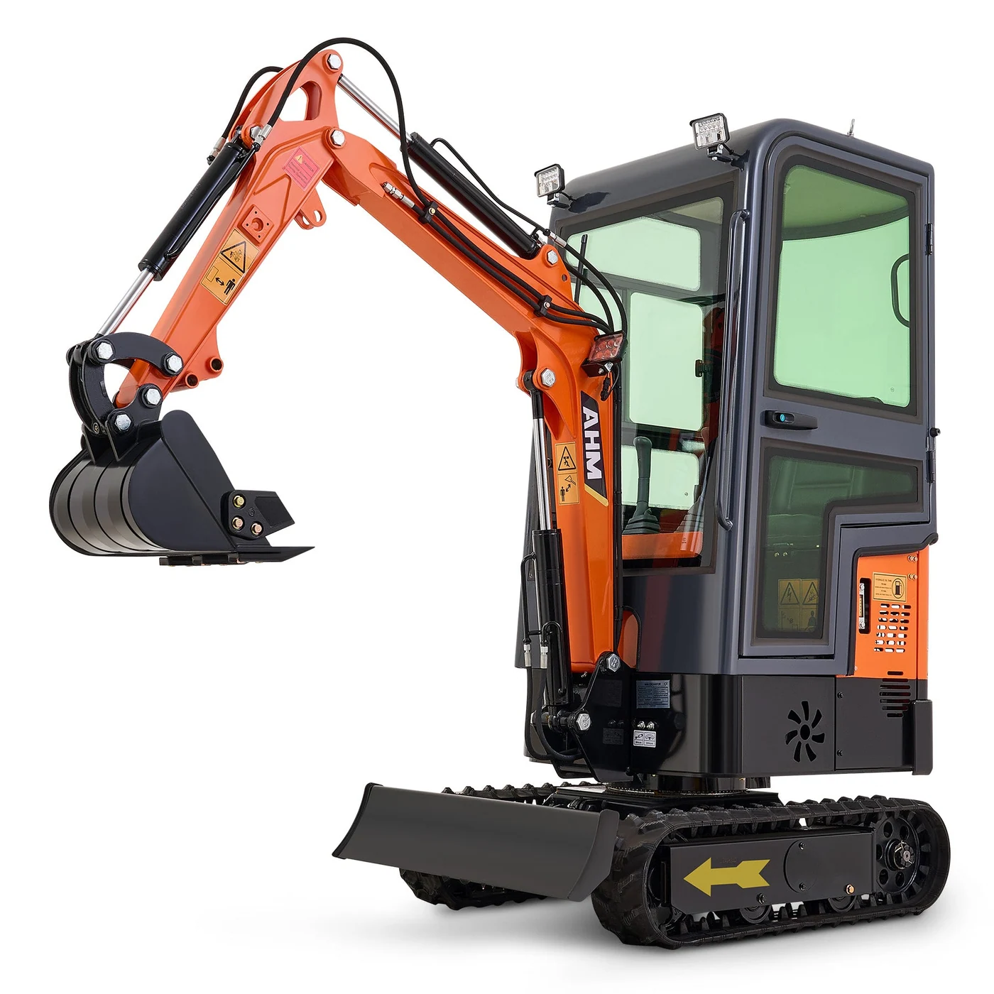 Orange and grey AHM AX-12C mini excavator with cab, three-quarter view