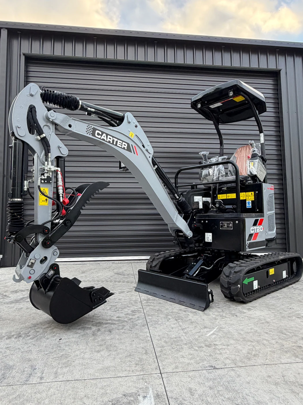 Grey and black Carter CT20 mini excavator, three-quarter view