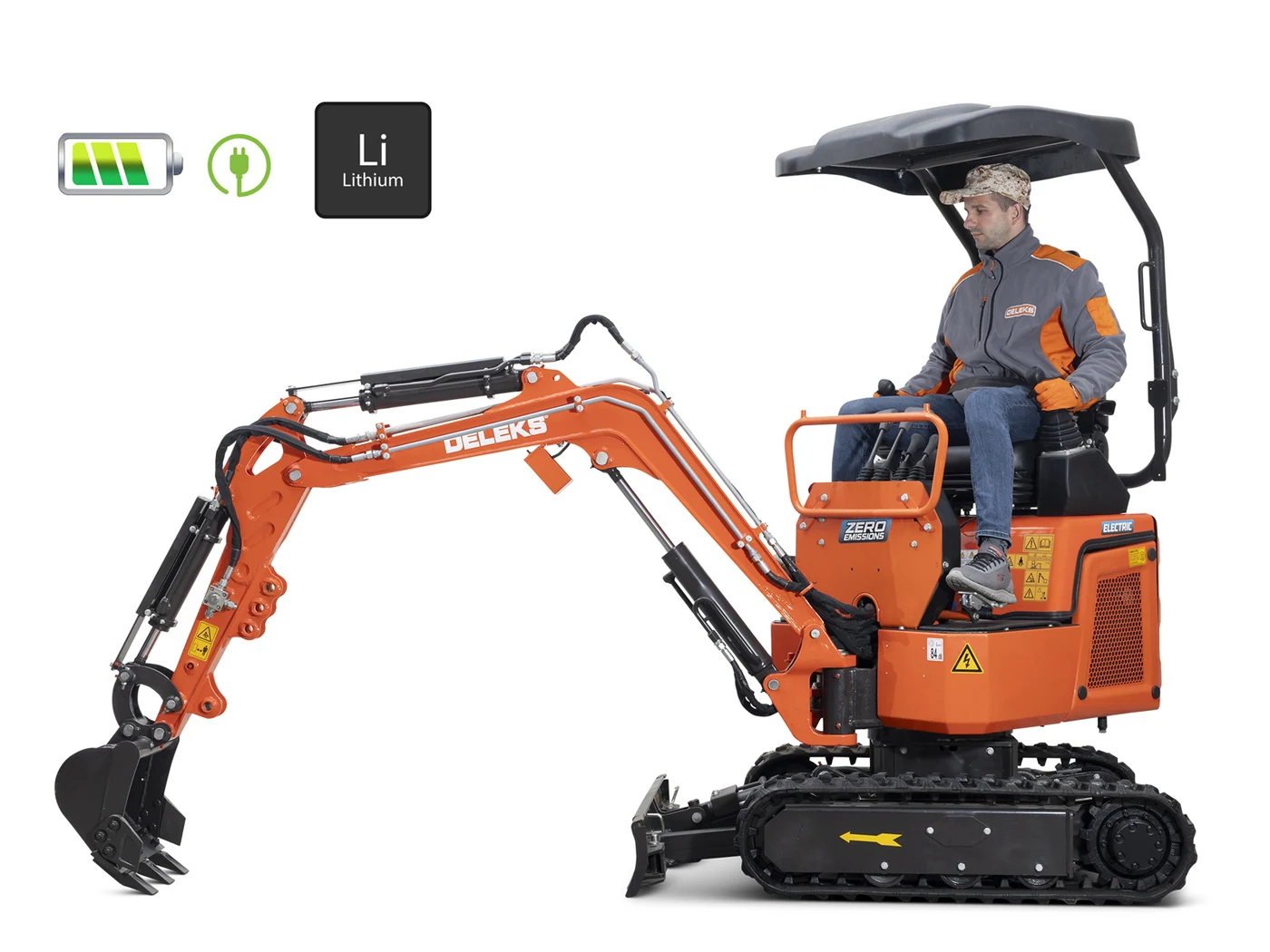 Orange DELEKS E110 mini excavator, side view