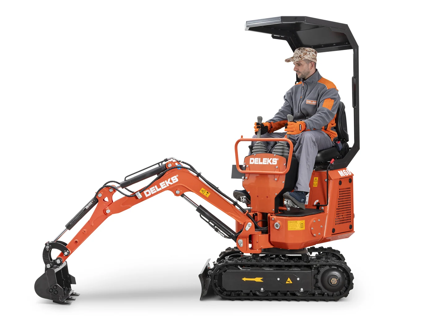 Orange DELEKS M60 mini excavator, side view