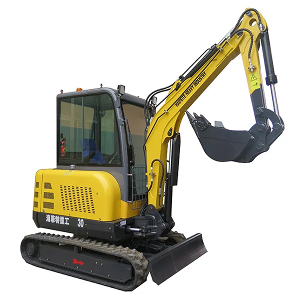 Yellow HFT HFT30A mini excavator with cab, three-quarter view