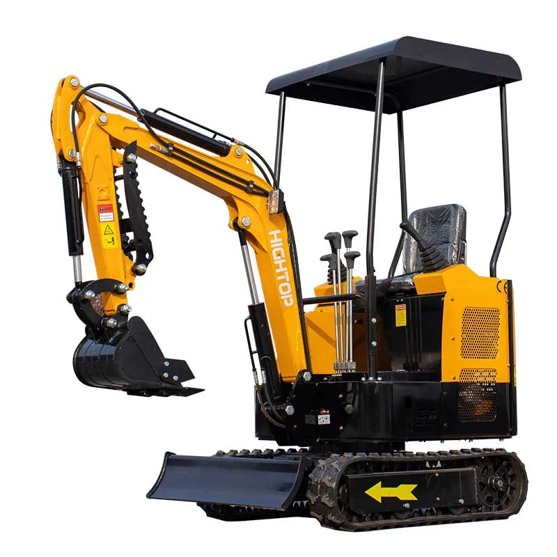 Yellow Hightop HT15 mini excavator, three-quarter view