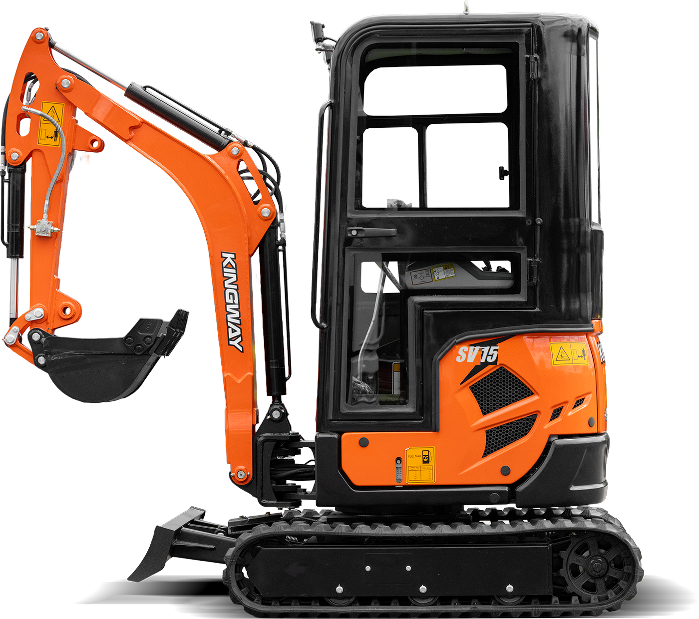 Orange and black Kingway SV15-K mini excavator with cab, side view