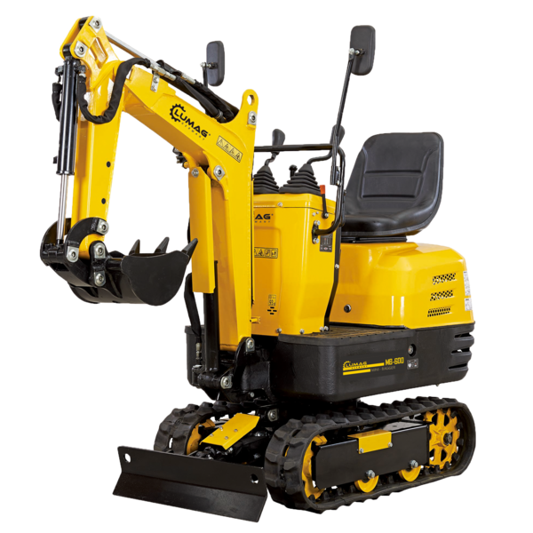 Yellow Lumag MB-600 mini excavator, three-quarter view