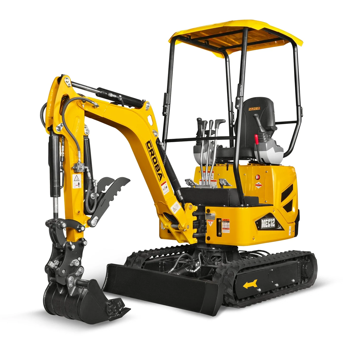 Yellow MechMaxx MEC12 mini excavator, three-quarter view