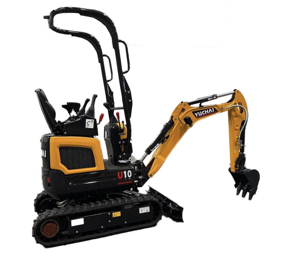 Yellow and black Yuchai U10 mini excavator, three-quarter view